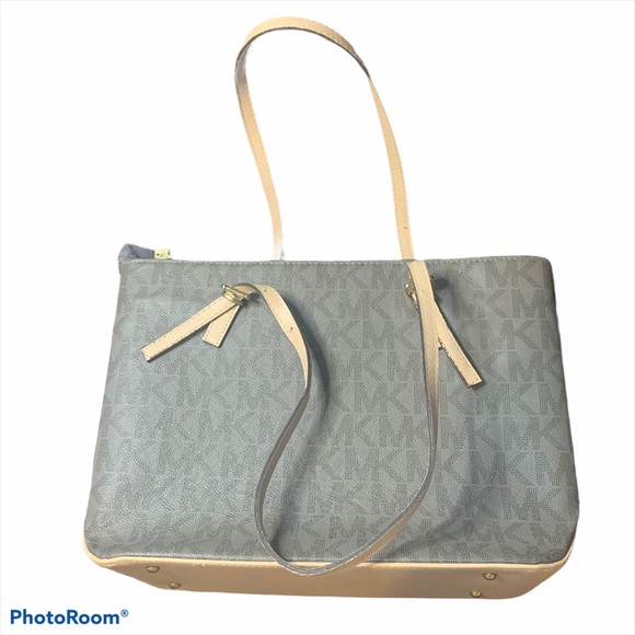 MICHAEL KORS BROWN CREAM TOTE LARGE LOGO BAG PURSE - Picture 6 of 14